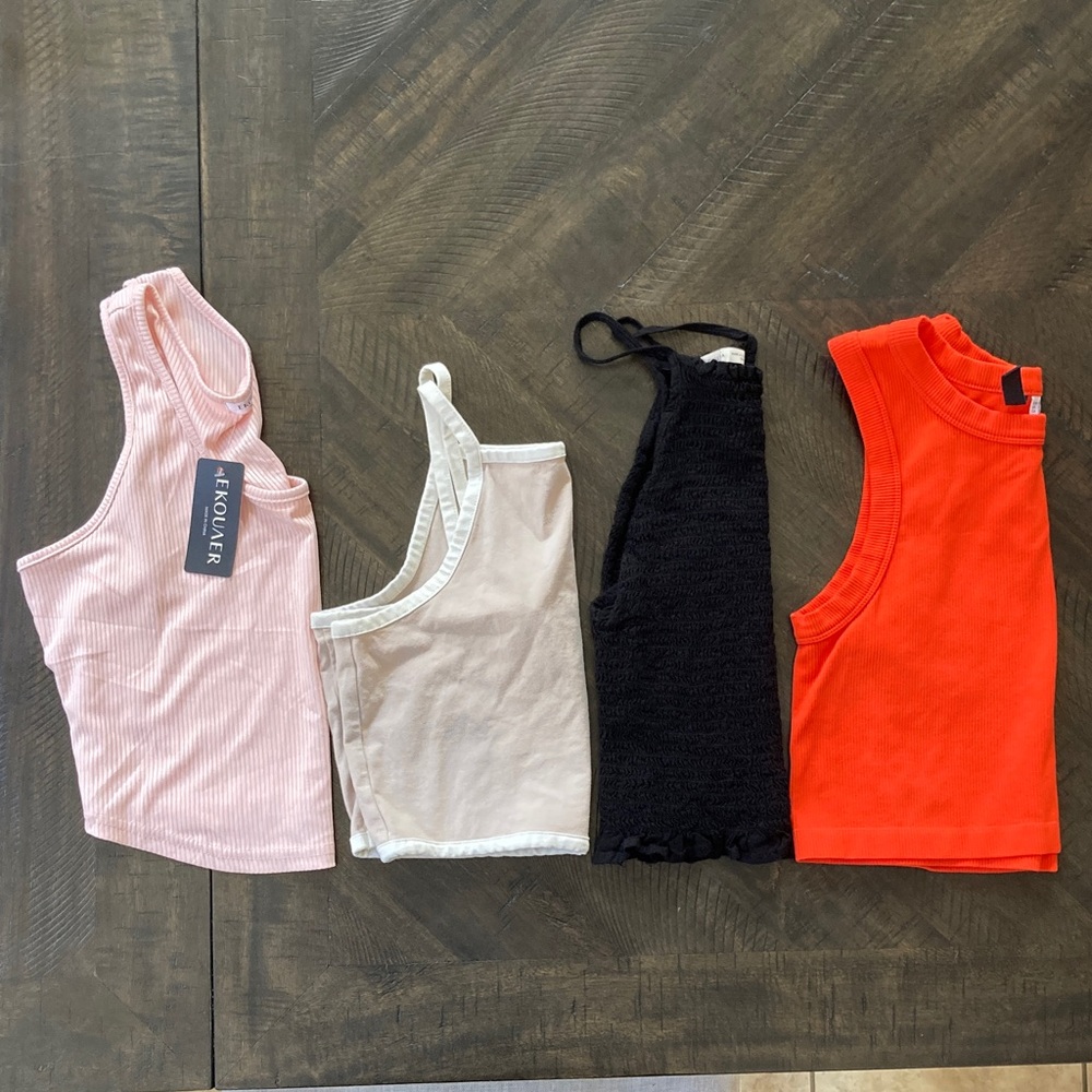 Bundle of Four Sleeveless Tops in Pink, Cream, Black, and Orange
